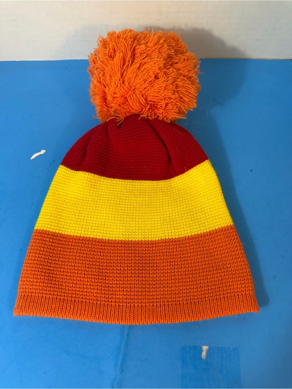 Kids Colorblock Pom Pom Beanie - Red, Yellow & Orange